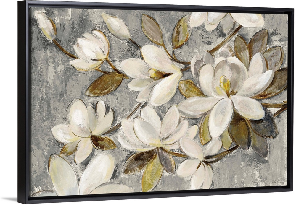Contemporary painting of magnolia flowers on a textured gray and cream colored background.