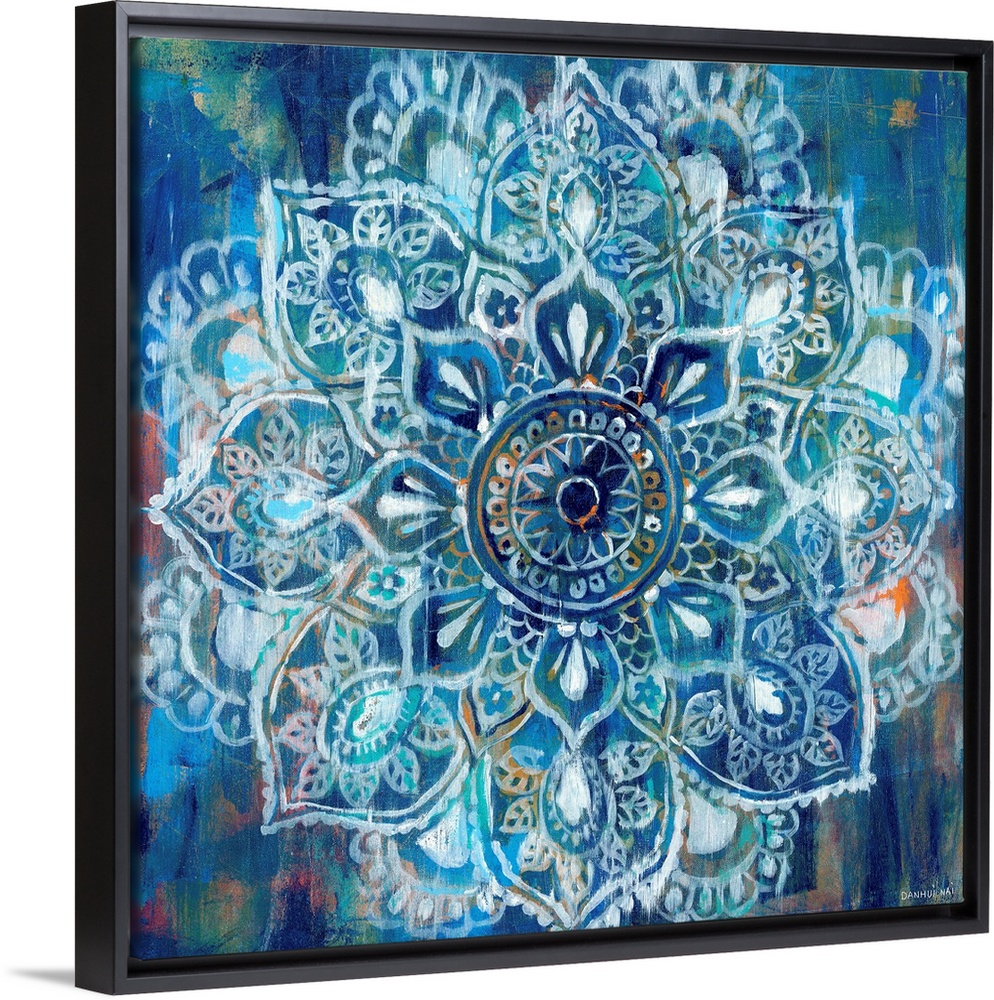 Contemporary artwork of a mandala using predominantly blue.