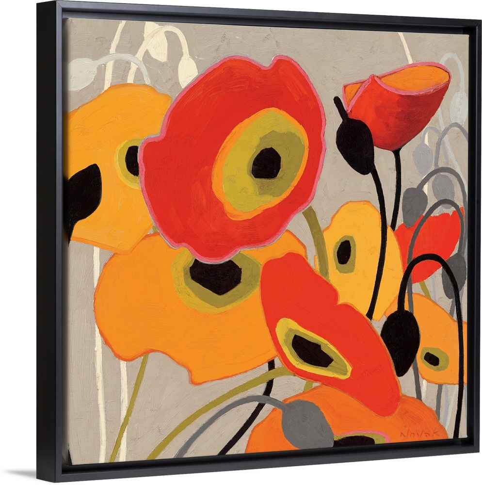 Huge floral art focuses on an arrangement of warm colored poppy flowers at varying depths as they are positioned in front ...