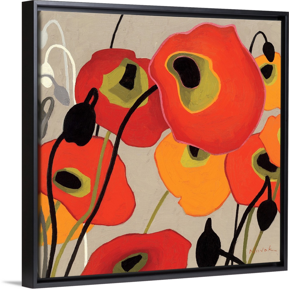 This contemporary abstract painting showcases simplified poppies painted with flat colors over a neutral background.