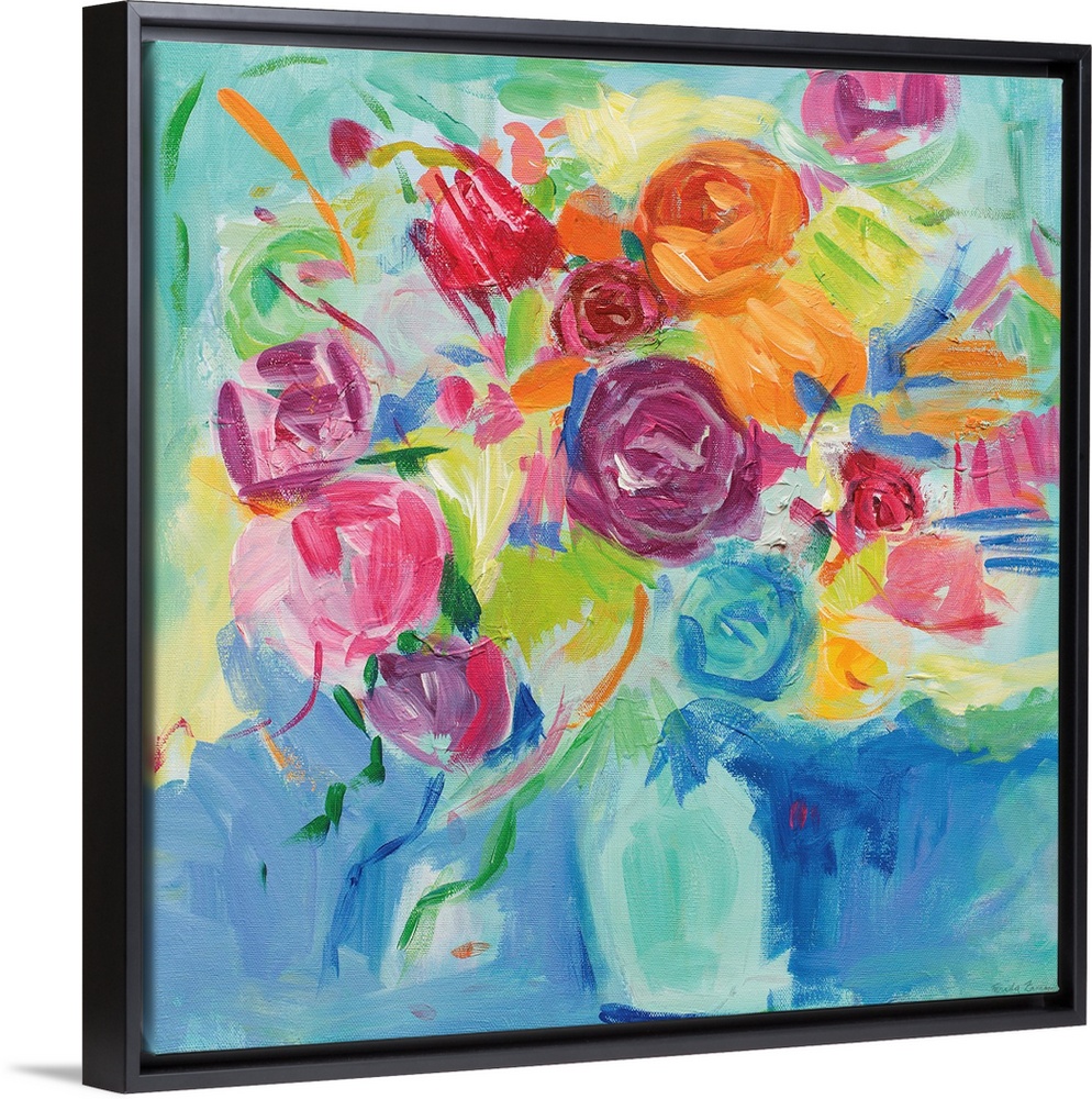 Square abstract painting of a bright Spring floral arrangement on a blue and green background.