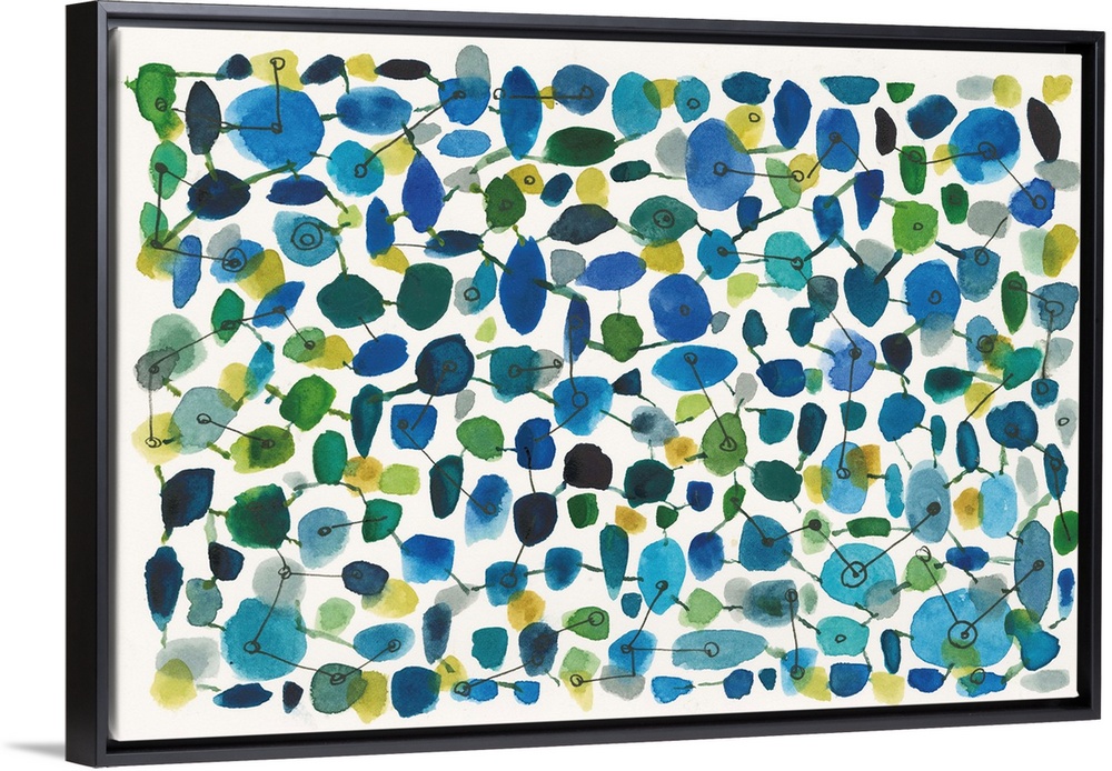 Contemporary painting of a series of shapes connected by lines, resembling flowers and vines.