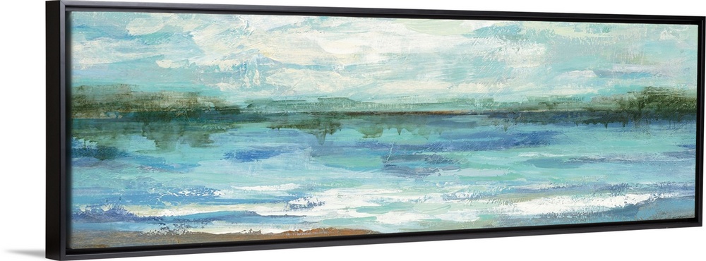 Contemporary landscape painting of a lake scene.