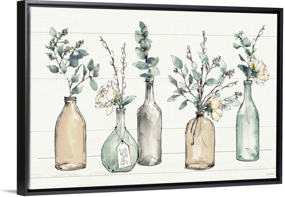 A perfect accent piece to a shabby chic or farmhouse docor scheme, this lovely illustration of colored glass bottles holdi...