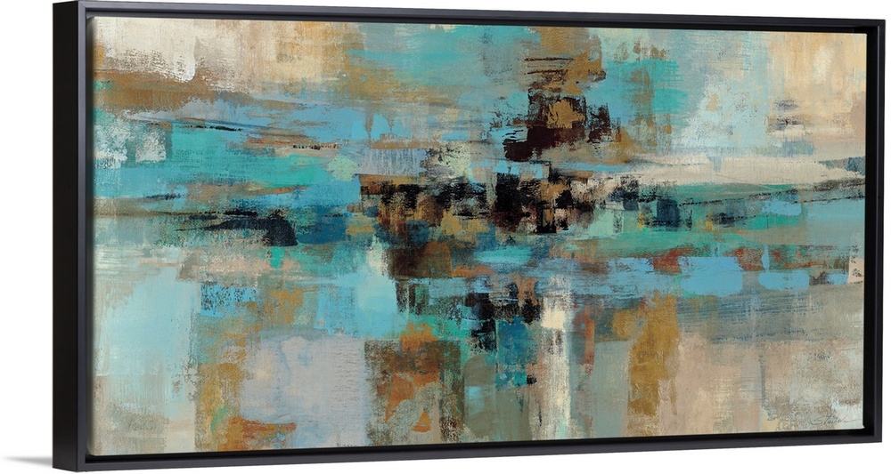Horizontal living room art of a restful composition of an abstract painting with a layered paint texture.