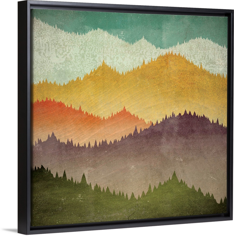 Contemporary artwork of colorful mountain peak silhouettes.