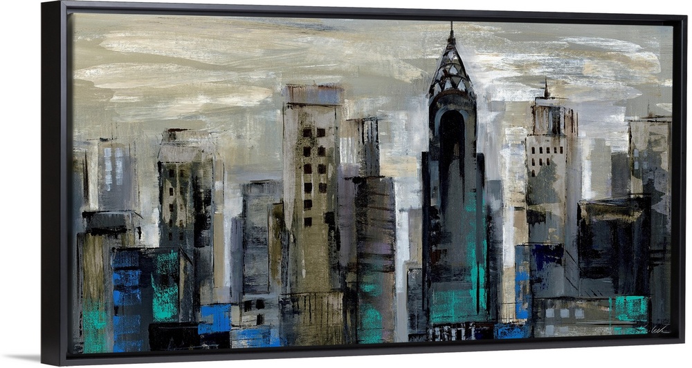 A wide cityscape painting of New York City in abstract; the buildings were created in fast, dark brush strokes to contrast...