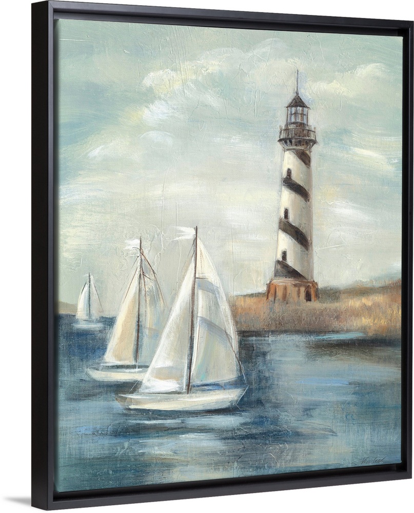 Contemporary painting of an idyllic coastal scene, with a lighthouse in the background and sailboats in the foreground.