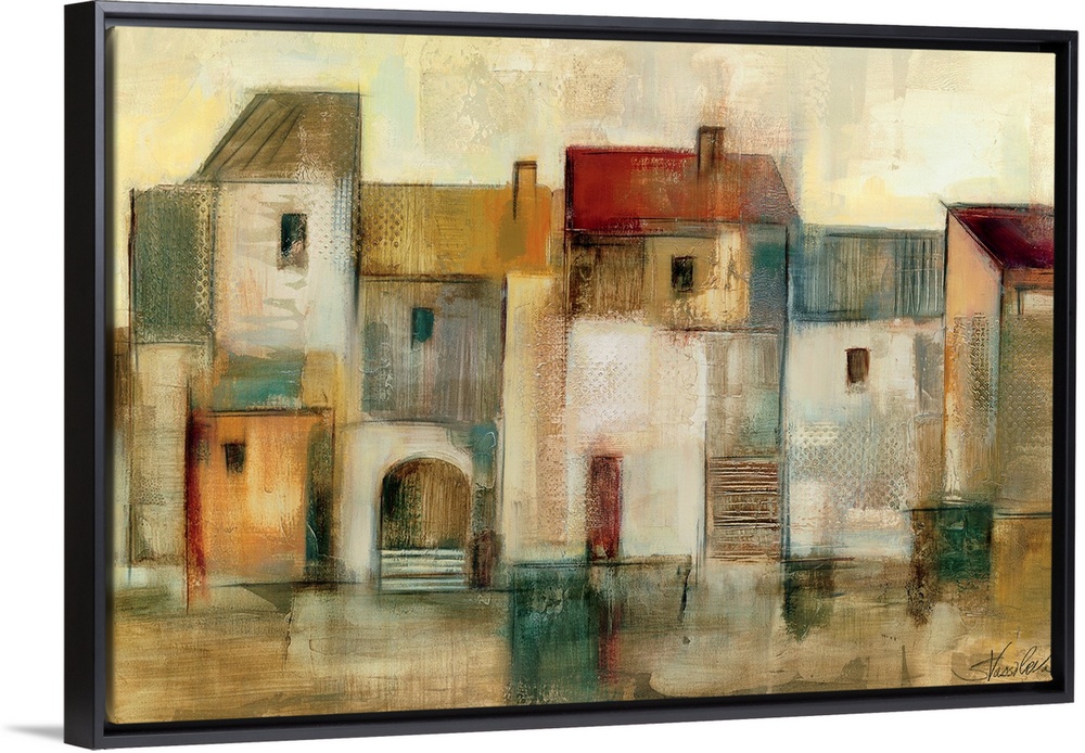 Oversized wall art for the home or office this is a painting with neutral color palette of abstract houses in a row.