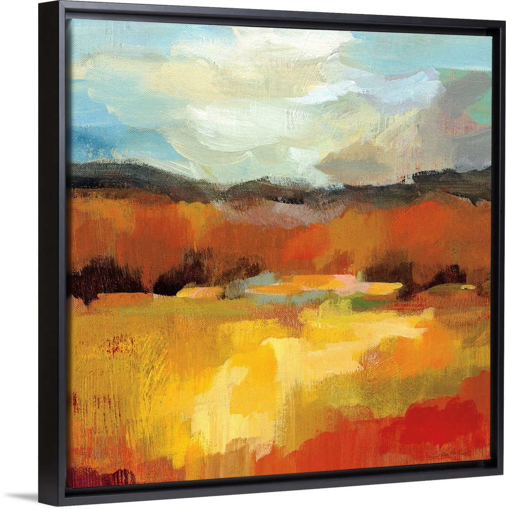 Square abstract painting of an Autumn tree scene with a blue sky.