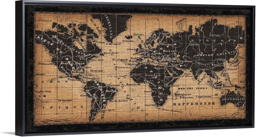 This artwork has been designed to look like an antique map with French names and a burlap fabric texture applied to the im...