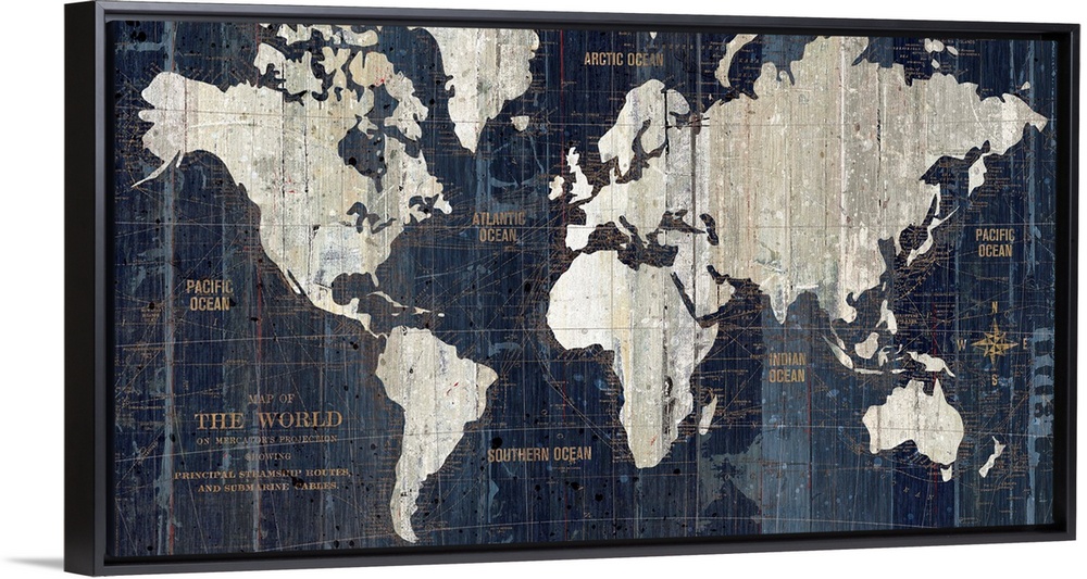 A decorative map of six contents with labels of islands and shipping lanes in the ocean; this horizontal art work uses ver...