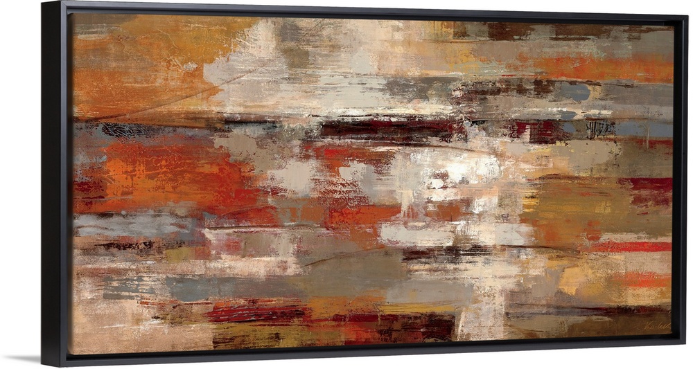 This horizontal abstract painting has a strong sense of motion from left to right and a rusty, earth tone color palette.