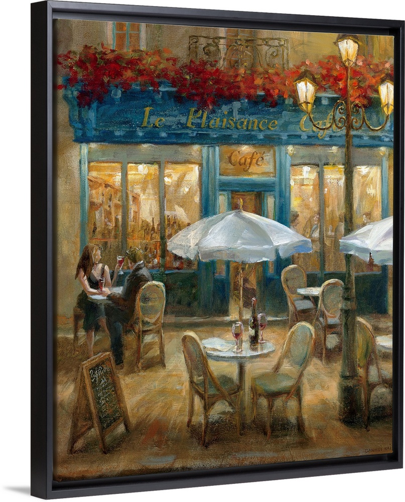 Painting of tables and chairs outside of a street cafo at night with flowerbox over front door entrance.