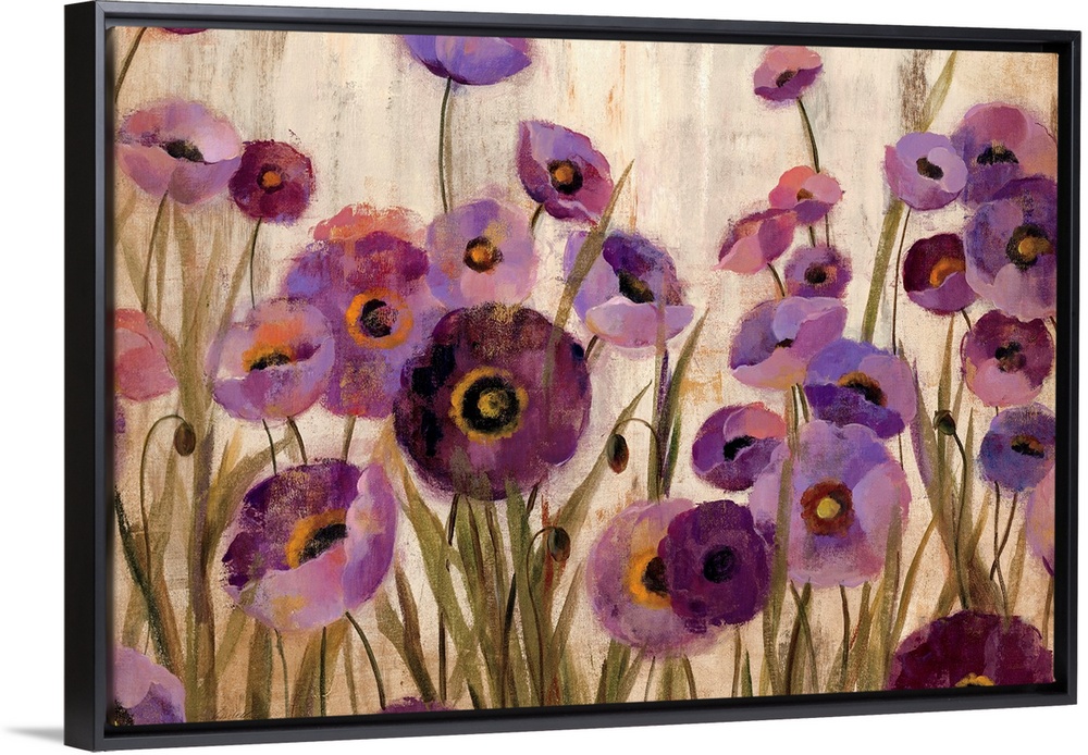 Big contemporary art depicts a garden filled with poppy flowers.  Artist uses an abundance of vertical lines and circles t...