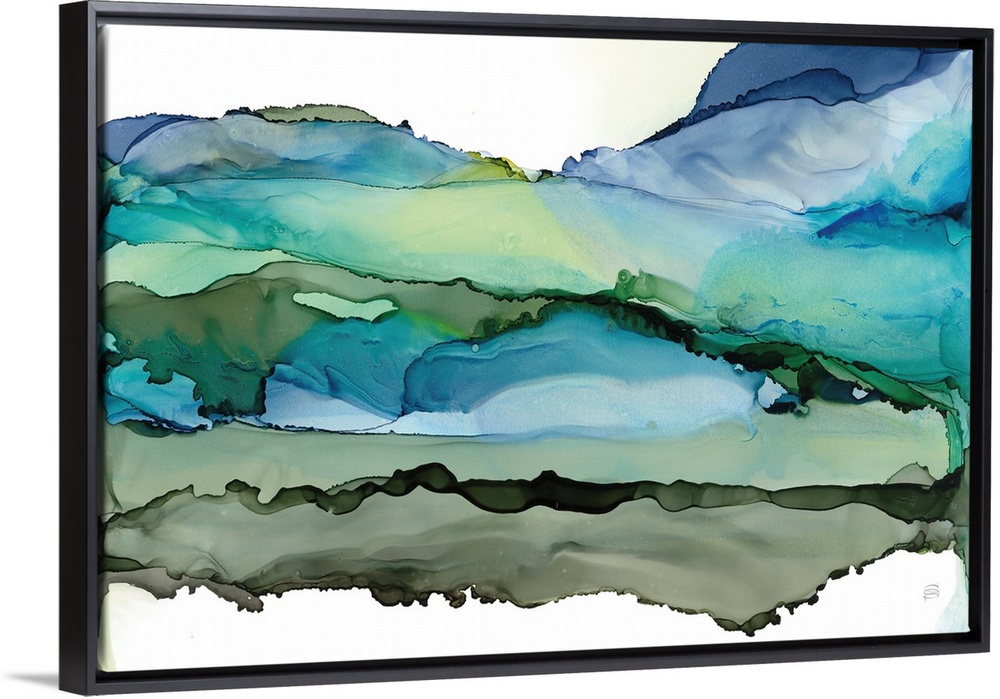 A contemporary abstract in alcohol inks resembling rolling blue green hills on a white background