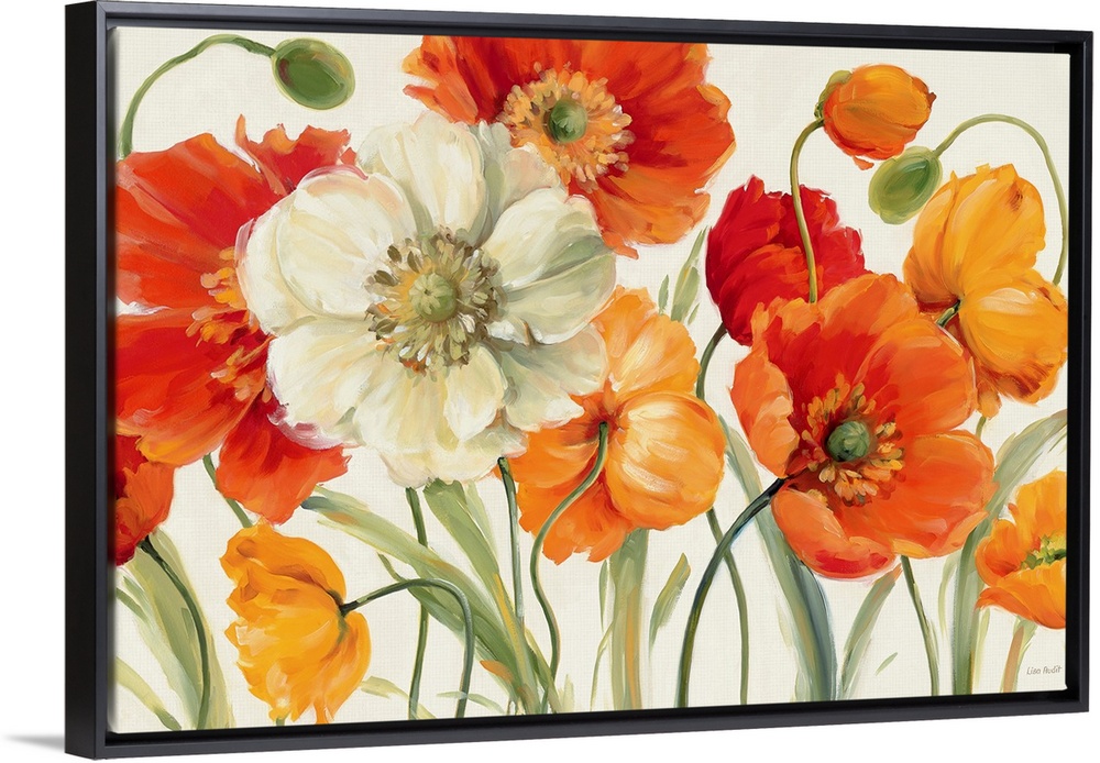 Huge floral art shows a vibrant arrangement of flowers and buds positioned in front of a blank background.