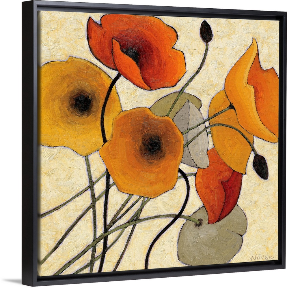 Big contemporary art showcases a close-up of nine flowers using earth tones against a bare background.