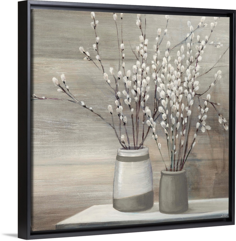 Still life painting of pussy willow plants arranged in gray and white vases on a table.