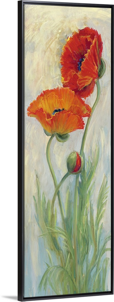 Vertical contemporary painting by Carol Rowan of long stemmed red poppies on a soft background.