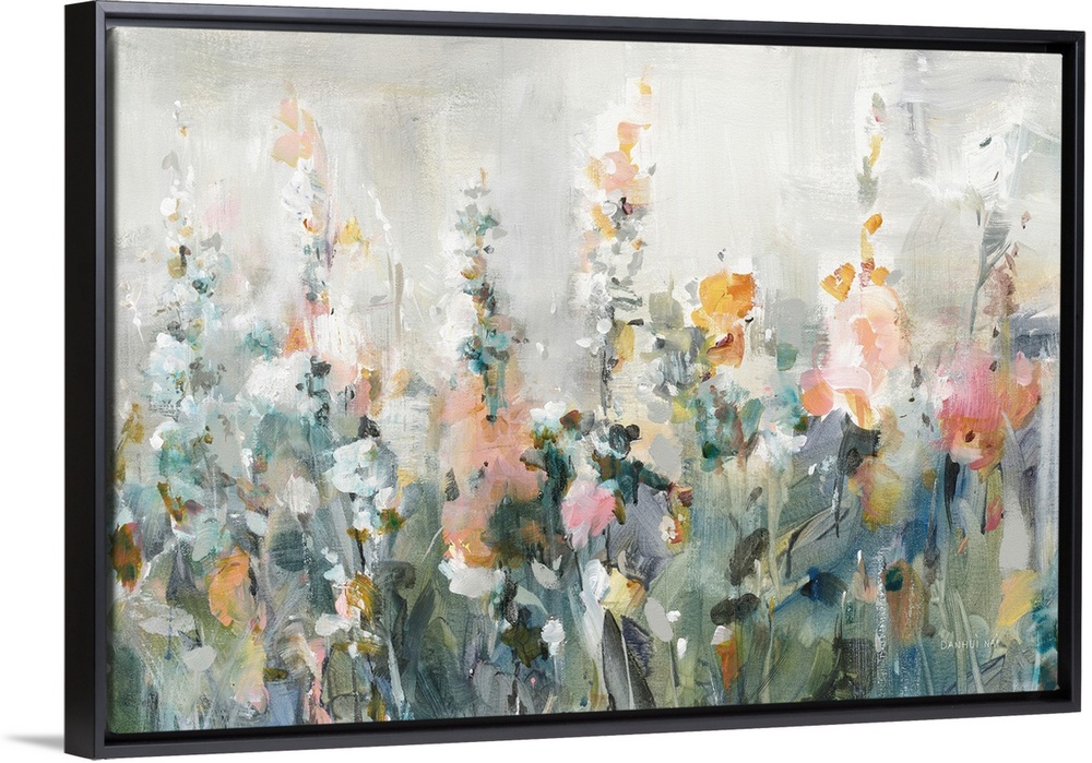 An asbtract floral painting in a contemporary style, featuring tall blooms in shades of peach and orange interspersed with...