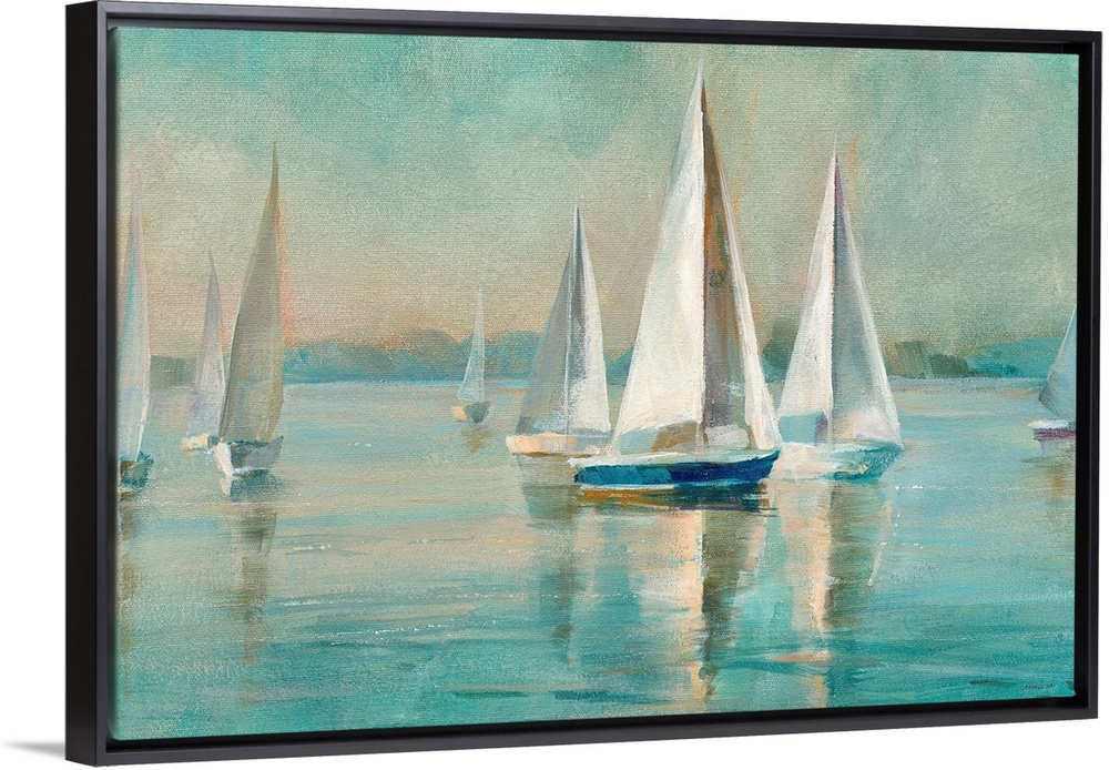 Contemporary painting of sailboats on crystal blue waters.