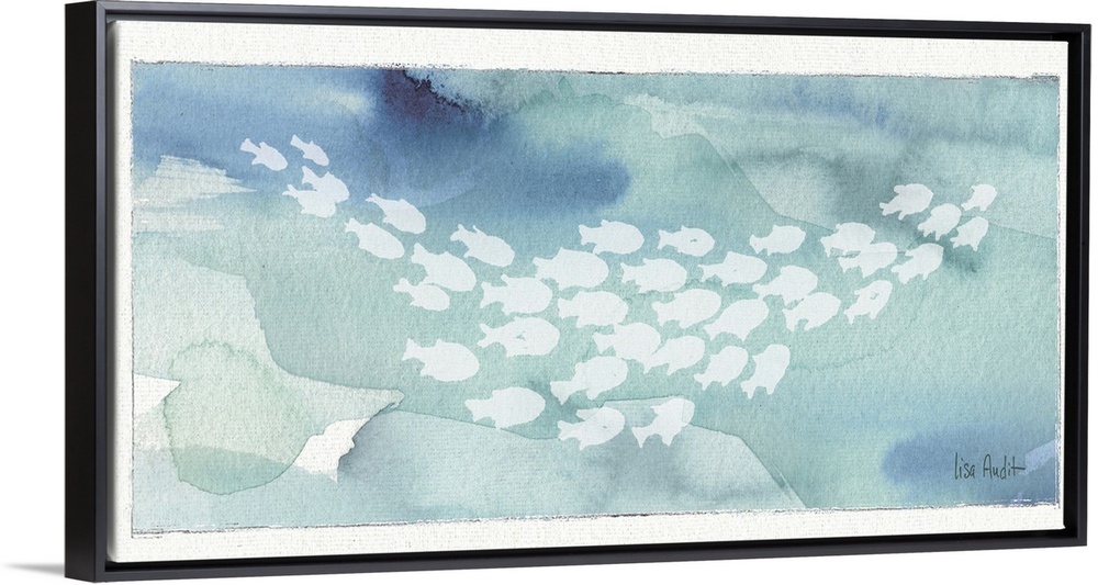 Watercolor painting of a school of fish against a light blue background.