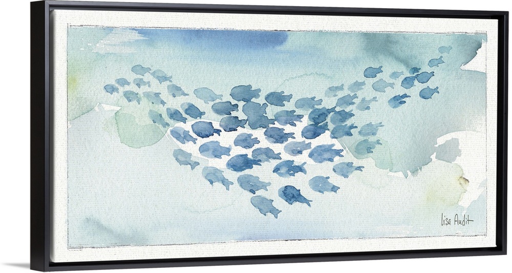 Watercolor painting of a school of fish against a light blue background.