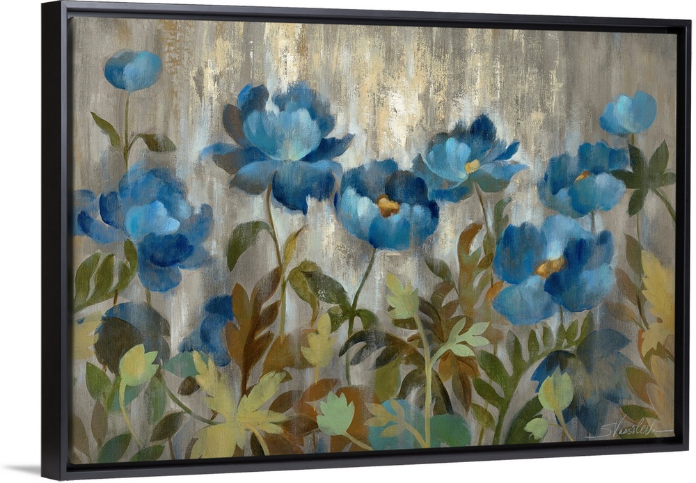 Simplified flowers and their leaves infront of a textural backdrop in this stylized, horizontal painting.