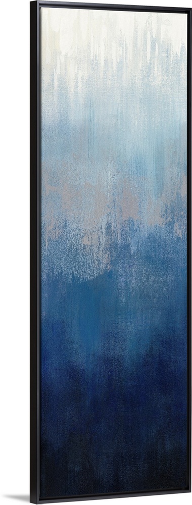 Abstract panel painting in shades of gray and blue getting darker towards the bottom.