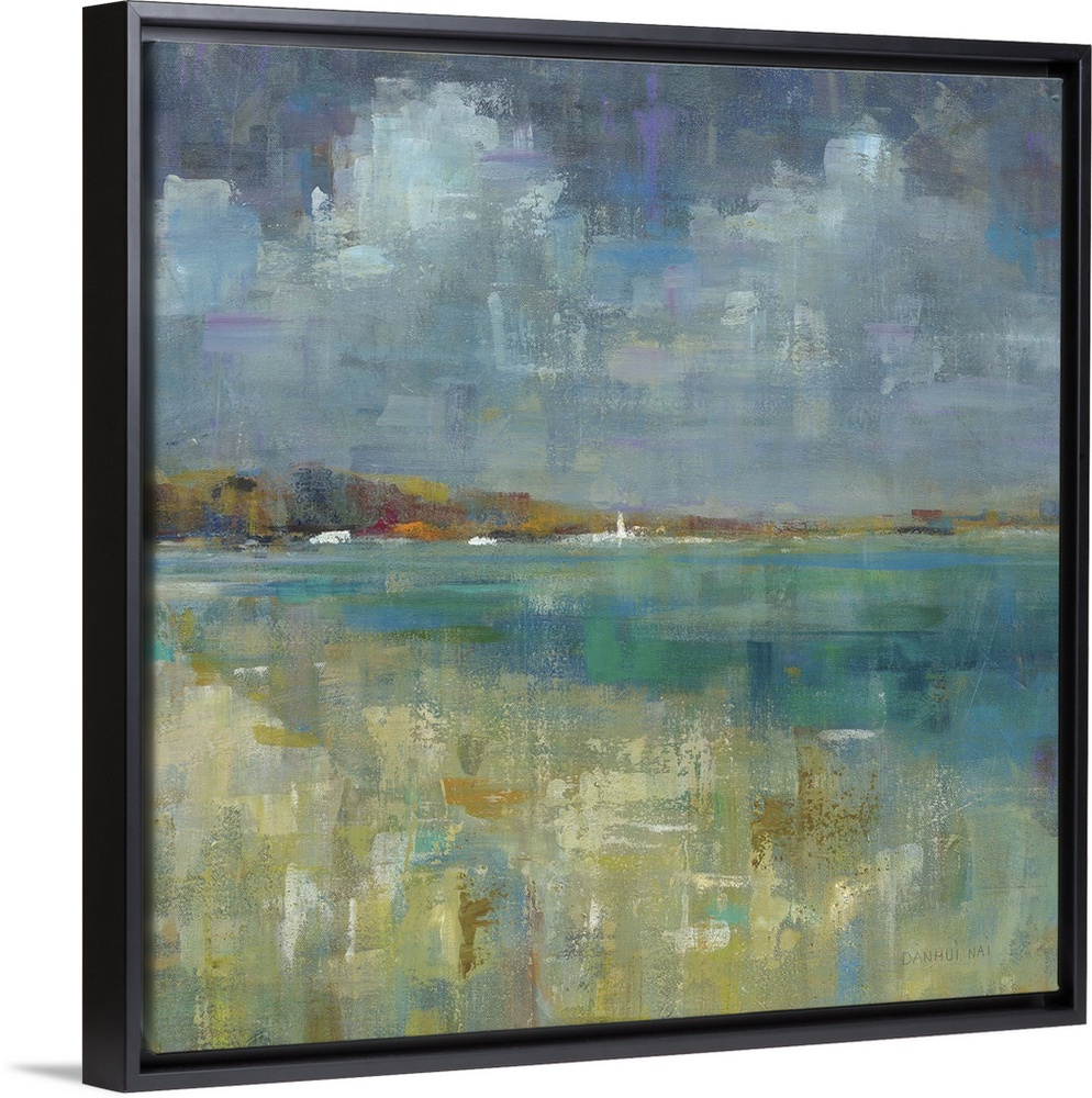 Square abstract painting of the ocean and seashore made with short and small brushstrokes of color.