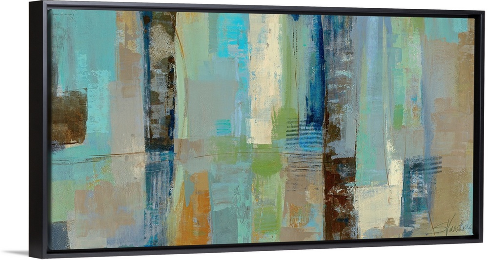 Large abstract canvas art incorporates lots of rectangles, squares and mellow tones with rough edges.