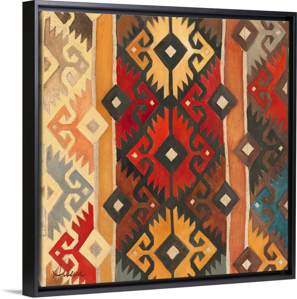 Contemporary artwork of a geometric tribal pattern in earth tones.