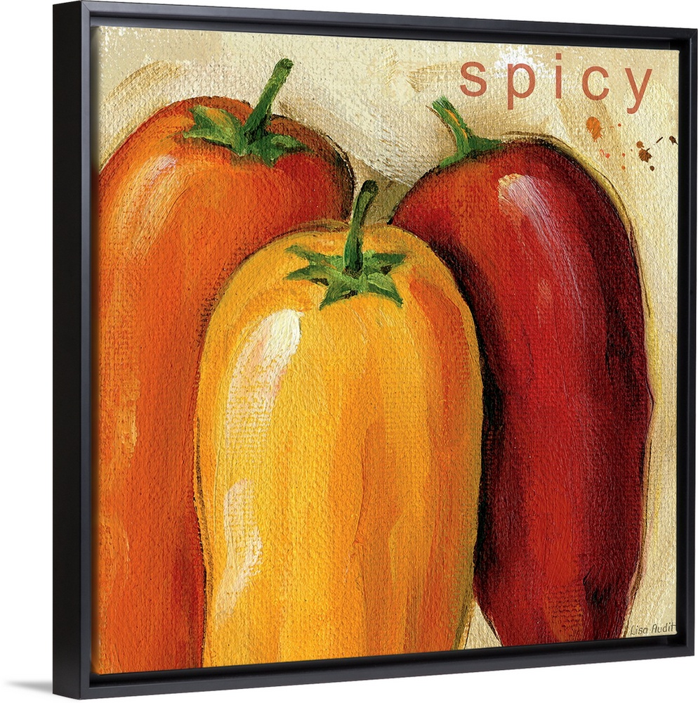 Painting on canvas of different colored peppers with smooth brush strokes.