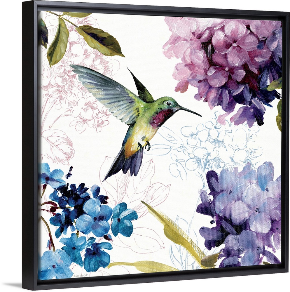 Home docor painting of a hummingbird in flight surrounded by hydrangea flower blooms.