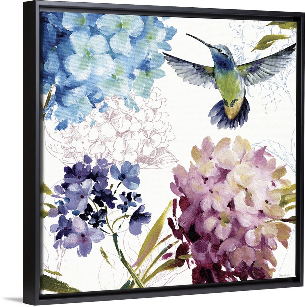 Square painting on a large wall hanging of several colorful, small bunches of flowers, a hummingbird flies toward one of t...