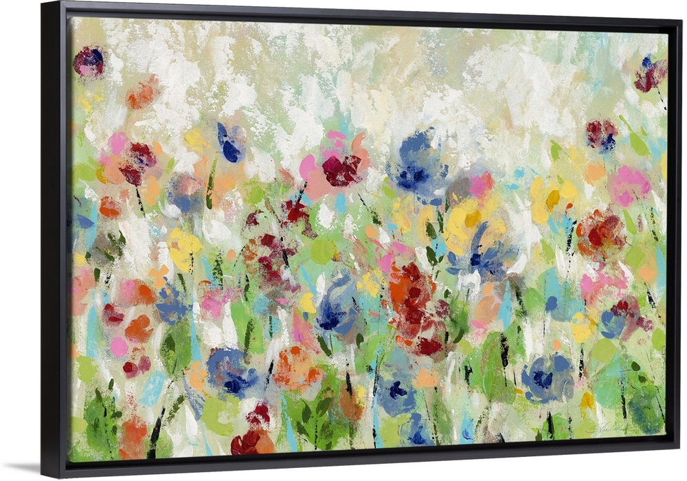 Decorative artwork of whimsical abstract florals in bright colors.