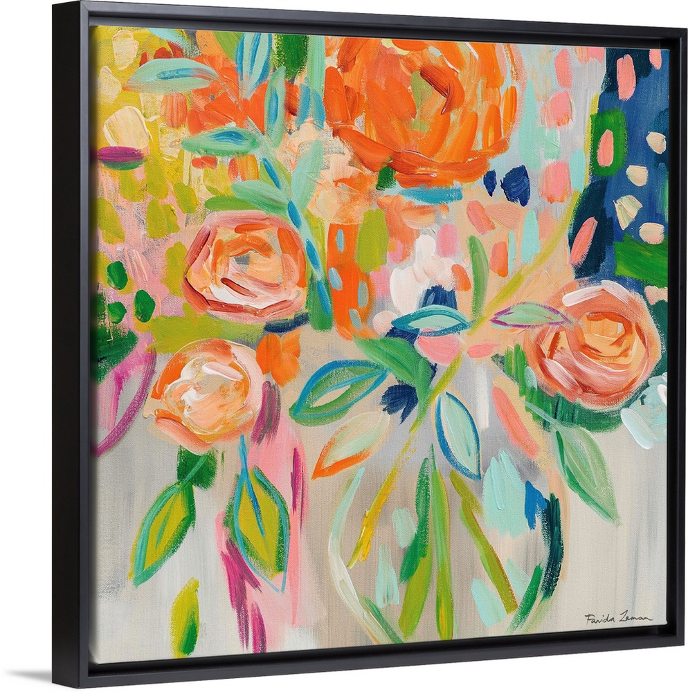 Abstract square painting of a bouquet of flowers in bold shades of orange.