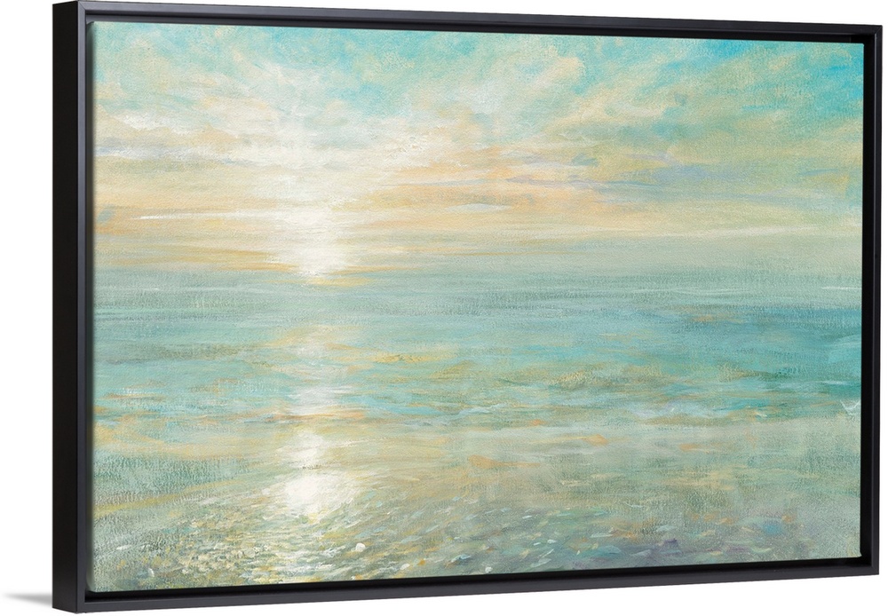 Contemporary artwork of the sun rising over a calm ocean.