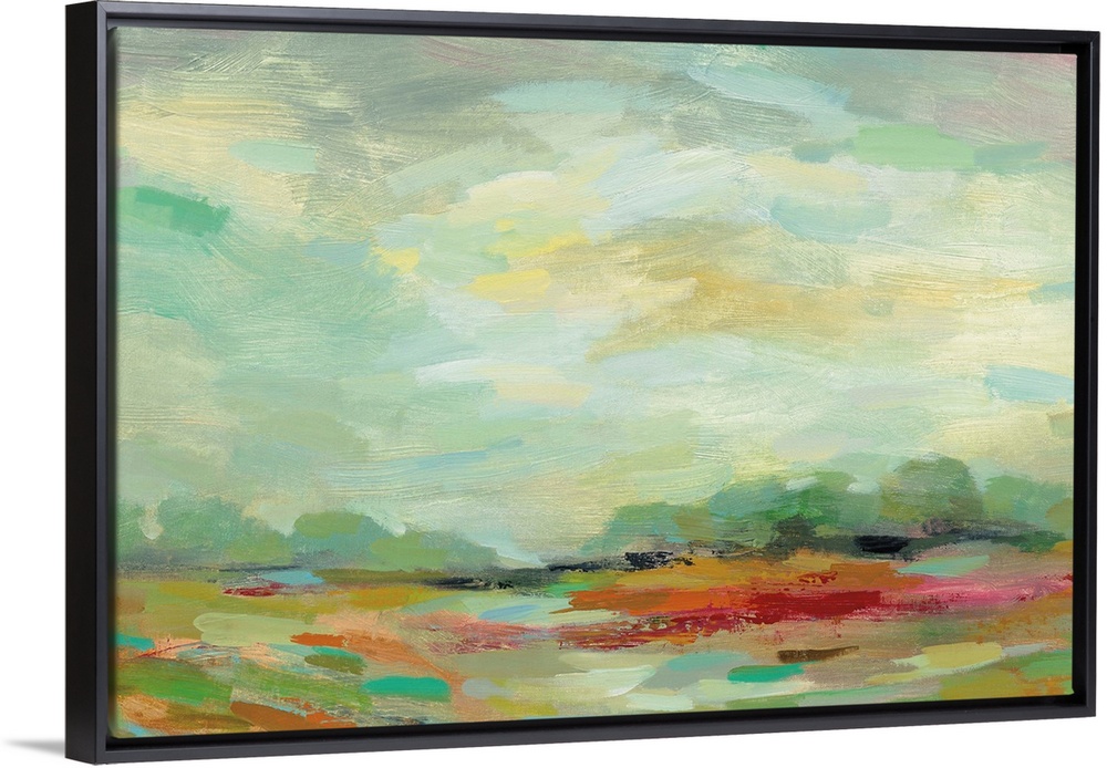 Colorful abstract landscape resembling a field at sunrise created with small horizontal brushstrokes.
