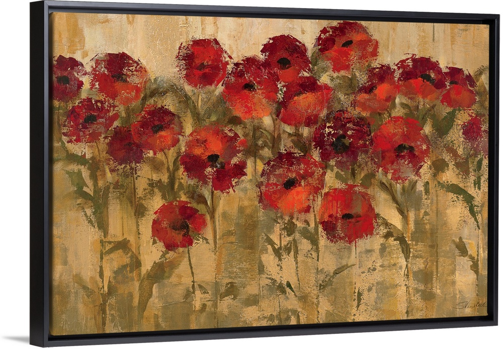 Large wall art of circular warm flowers against a grungy earth toned background.