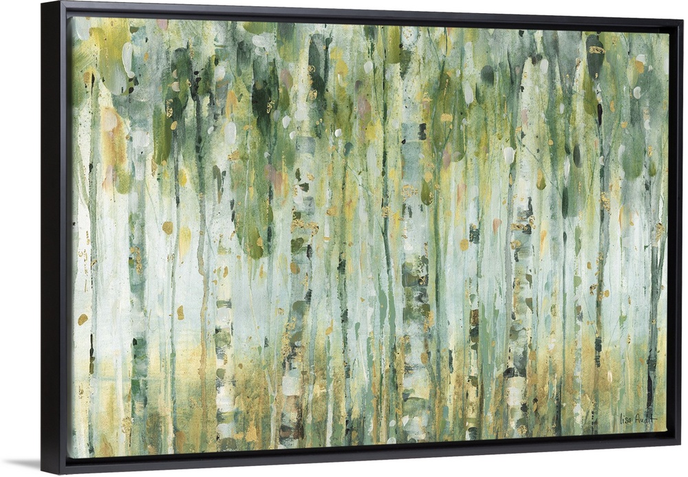 Horizontal contemporary abstract painting with lines of green, blue, yellow, and gold hues running vertically on the canva...