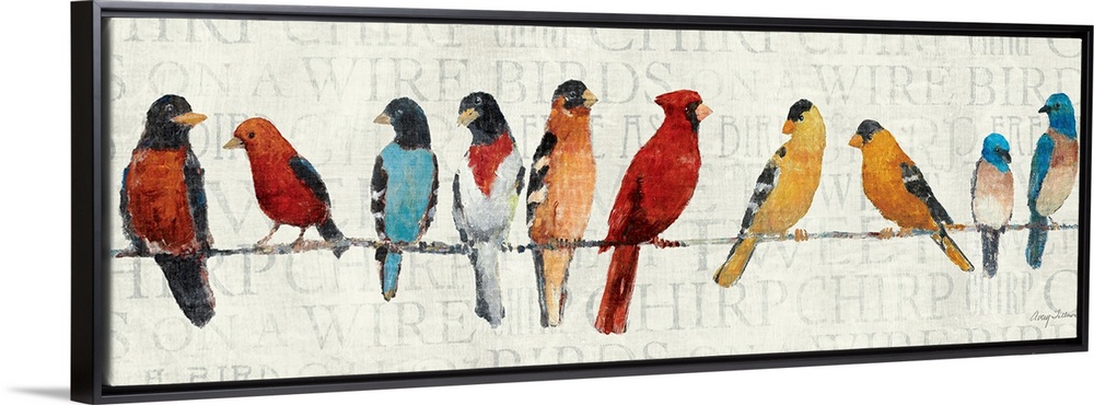 This panoramic shaped painting shows North American birds lined up while perched on a thin line.