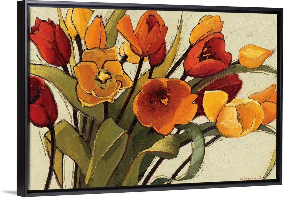 A horizontal painting that is a close up of a floral arrangement with warm, sunshiny colors.