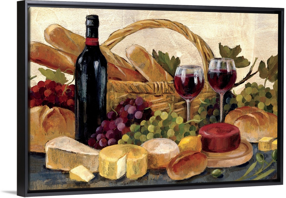 A transitional style still life of a basket of bread, cheese, wine and bunches of grapes. This mediterranean inspired imag...