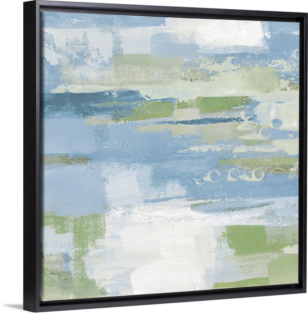 A square abstract painting of horizontal brush strokes in textured tones of blue, green and white.