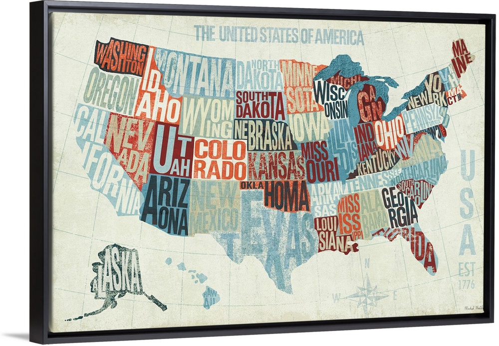 Illustration of US map divided by state lines with the name of each state shaped into the boundary lines.  The map feature...