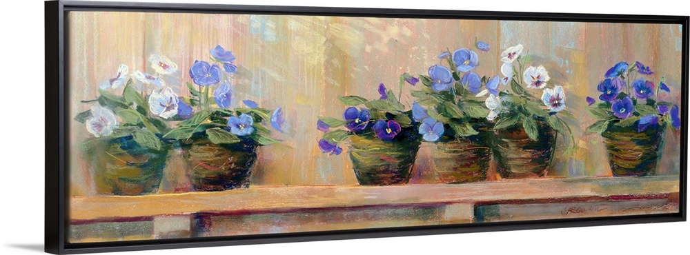 Panoramic floral art shows six potted flowers of varying color as they sit quietly on a shelf.