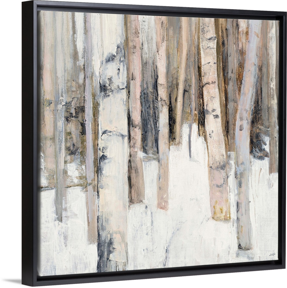 Square abstract painting of birch trees in the woods covered in snow with warm tones.