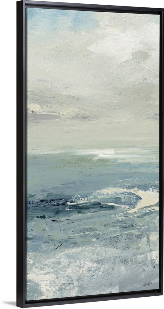 A large vertical abstract of ocean waves in textured cool tones of blue and gray.